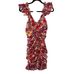 Dress Forum Los Angeles Pink Floral Bodycon Contour Ruffle Mini Dress Sz Medium